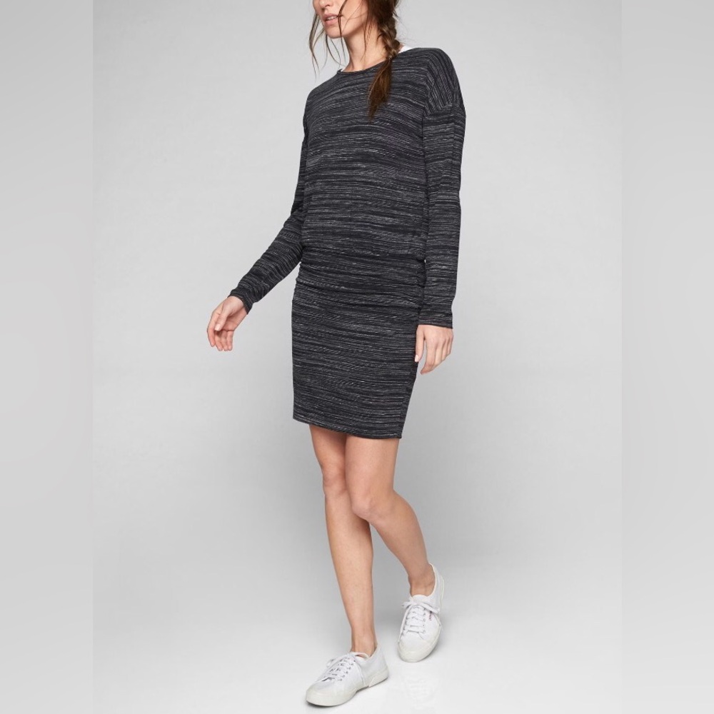 Athleta Avenues Dress in Beyond Soft Black Stripe Rouched Long Sleeve Stretch XS